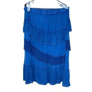 Studio West Apparel XL Faux Denim Blue Maxi Skirt Layered Lace Ruffle Western